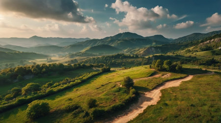 Aerial view of a rural road in the mountains at sunset.