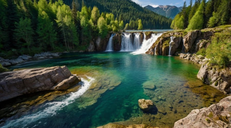 Panoramic view of the beautiful waterfall in the mountains. Beautiful summer landscape.