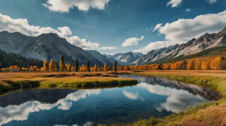 panoramic view of autumn alpine landscape with lake and mountainsの写真素材