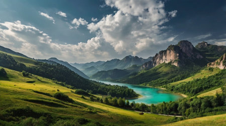 Panoramic view of the lake in the mountains. Summer landscape