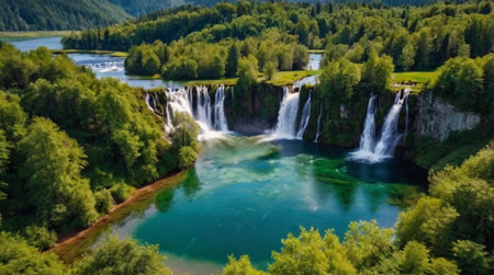 Aerial view of the Plitvice Lakes National Park, Croatiaの写真素材