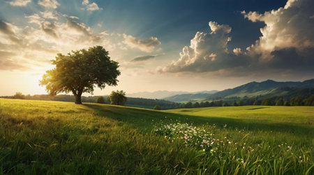 Beautiful summer landscape with a lonely tree on the meadow.の写真素材
