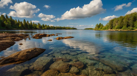 Panoramic view of the shore of the lake in summer.
