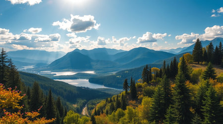 Mountain lake in the autumn forest. Panoramic view.
