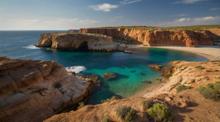 Panoramic view of the beautiful beach of Ponta de Sao Lourenco in Portugalの写真素材