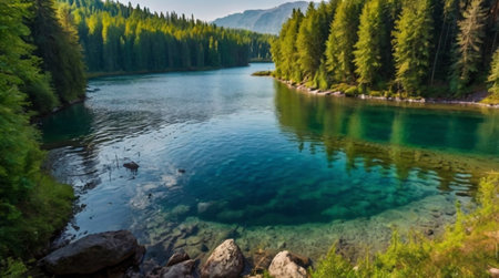 Panoramic view of turquoise water of mountain lake in the Alpsの写真素材