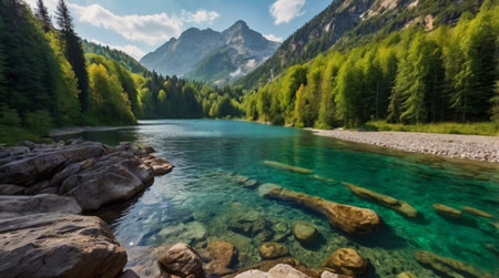 Panoramic view of a mountain river in the Dolomites