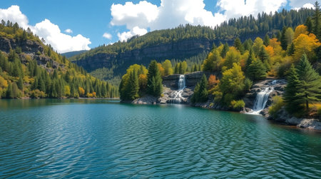 Mountain lake with a waterfall in the autumn forest. Panorama.