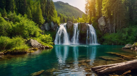 Waterfall in the forest. Waterfall in the mountains. Mountain landscape.の写真素材