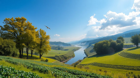Panoramic view on the river and fields in summer, Germany