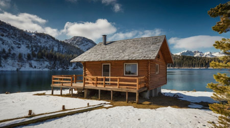 Lake in winter, mountain range, scenic viewの写真素材
