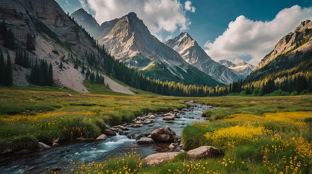Mountain landscape with wildflowers and river in the foreground.の写真素材