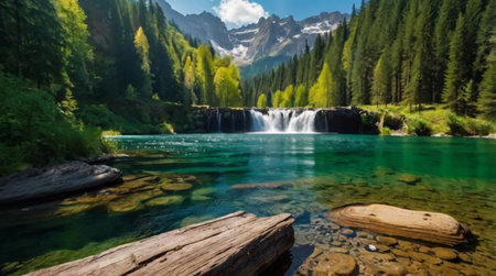 Beautiful view of a waterfall on a mountain lake