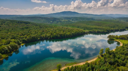 Aerial view of beautiful lake in the mountains. Summer landscape.の写真素材