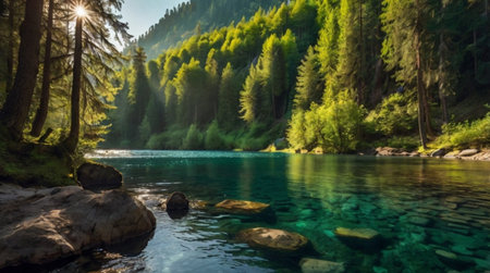 Panoramic view of a mountain riverの写真素材