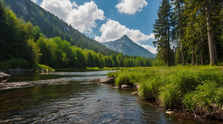 Panoramic view of the mountain river in the Tatra Mountainsの写真素材