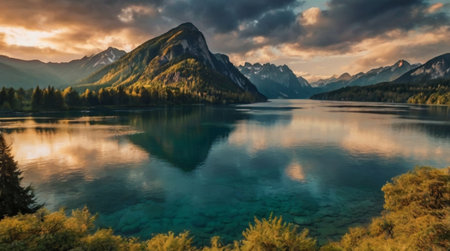 Panoramic view of alpine lake at sunset, Switzerland.の写真素材