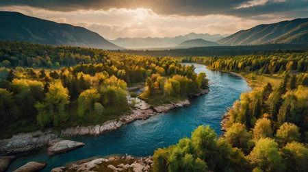 Aerial view of the mountain river at sunset. Beautiful summer landscape