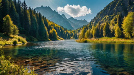 Panoramic view of a mountain lake in the Alps, Austriaの写真素材