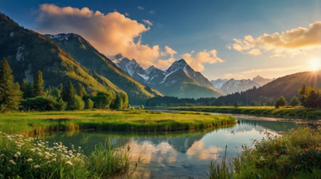 Panoramic view of alpine lake in the morning. Beautiful summer landscape.の写真素材