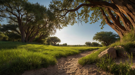 Panoramic view of a path in the savannah at sunsetの写真素材