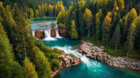 Aerial view of waterfall in green forest. Top view of waterfall in autumn forest.