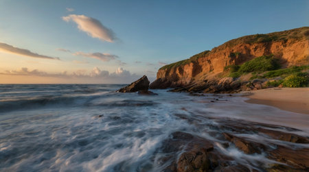 Beautiful seascape at sunset. Long exposure shot with long exposure.の写真素材