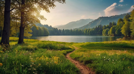 Mountain lake in the forest. Beautiful summer landscape with forest and lake.の写真素材