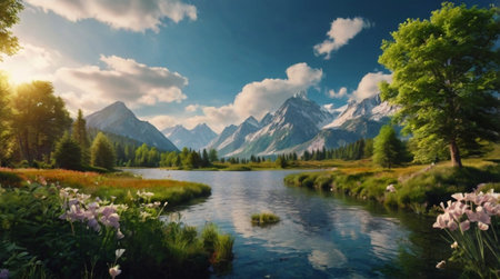 Panoramic view of the lake in the mountains. Summer landscape.の写真素材