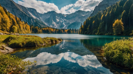 Beautiful alpine lake with reflection of mountains and clouds in the waterの写真素材