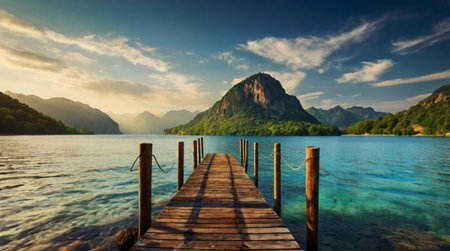 Wooden pier on lake with mountains in the background at sunset.