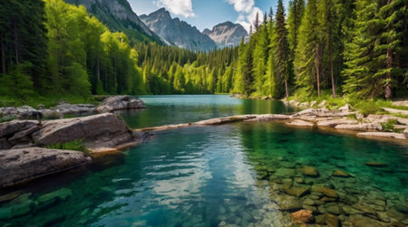 Panoramic view of the emerald lake in the Dolomites, Italyの写真素材