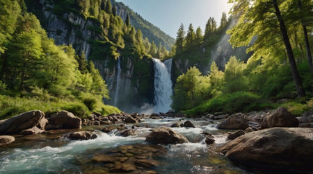 Waterfall in the forest. Summer landscape. Waterfall in the mountains.の写真素材