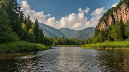 Panoramic view of a mountain river in the Altai mountainsの写真素材