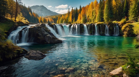 Autumn landscape with a waterfall in the Swiss Alps, Switzerland.の写真素材