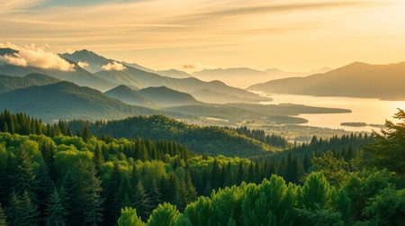 Panoramic view of the lake in the mountains at sunset.の写真素材