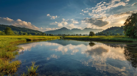 Landscape of the river and mountains in the background at sunset.