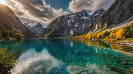 Panoramic view of beautiful mountain lake with reflection in the waterの写真素材