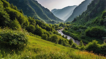 Panoramic view of the mountain river in the summer. Caucasus Mountains.