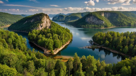 Aerial view of the lake in the mountains. Beautiful summer landscape.の写真素材