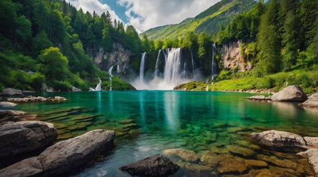 Panoramic view of beautiful waterfall in the mountains, summer landscapeの写真素材