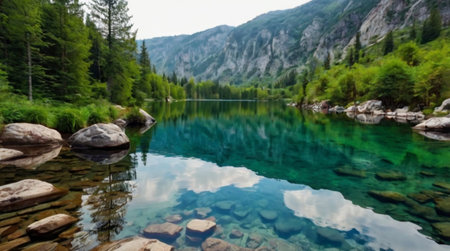 Mountain lake with clear water and reflections in the water. Mountain landscape.の写真素材