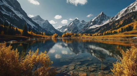 panoramic view of autumn alpine lake with yellow trees and snowcapped mountainsの写真素材