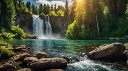 Beautiful waterfall in the mountains. Mountain landscape with a waterfall.の写真素材