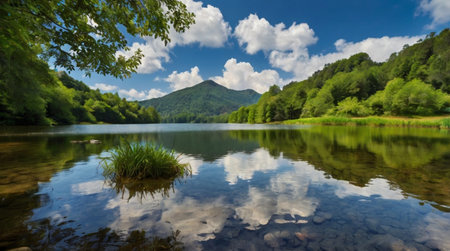 Landscape with mountain lake and sky reflected in water. Caucasus, Russiaの写真素材