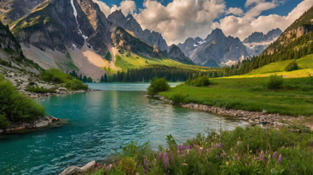 Panoramic view of turquoise mountain lake in Dolomites, Italyの写真素材