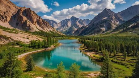 Panoramic view of turquoise lake in the mountains.の写真素材