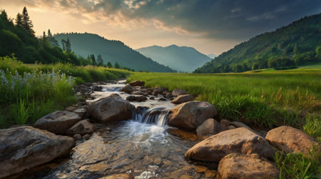 Mountain river at sunset. Nature composition. Panoramic view.の写真素材