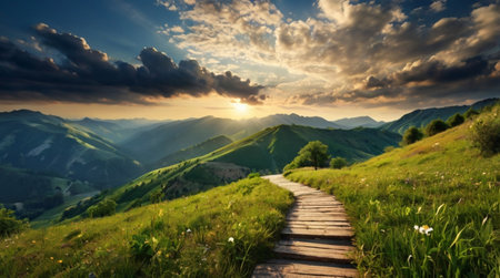 Wooden path leading to the mountains at sunset. Beautiful landscape.の写真素材
