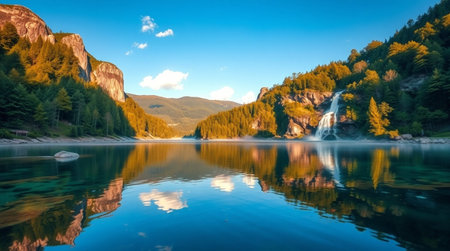 Autumn alpine lake with waterfall. Dolomites, Italyの写真素材